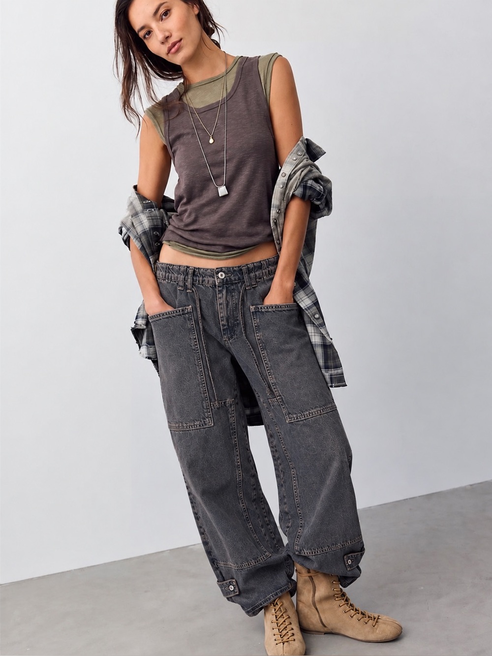 Free People We The Free CRVY Outlaw Wide Leg Cargo Jeans Black S $168